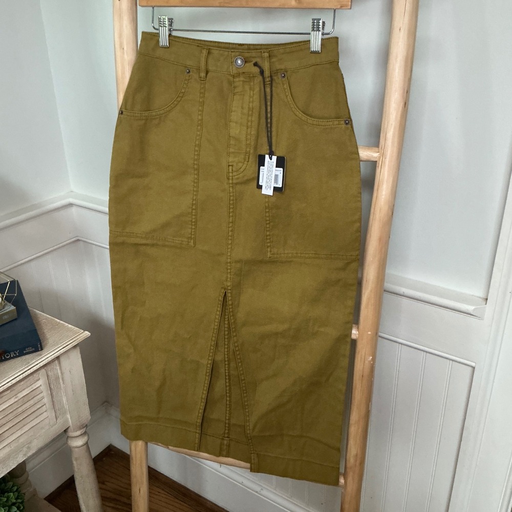 The Normal Brand Womens Mustard Yellow Utility Canvas Midi Skirt Size 26 NWT‎